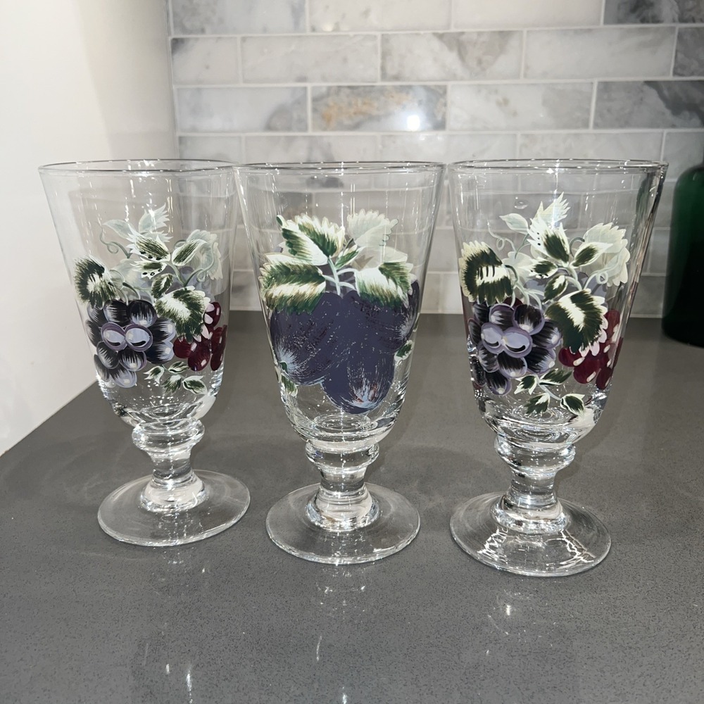 3 VINTAGE HAND PAINTED Enamel 8" Goblets Glasses Wine Water Iced Tea Grapes